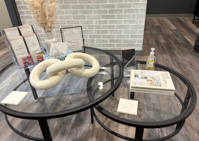 Reception coffee table at Journey Psychology with brochures, décor, and welcoming office details.